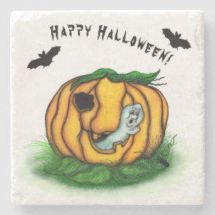 Dessous-de-verre En Pierre Le fantôme d'Halloween, chauve-souris, fantôme et