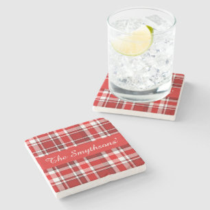 Dessous-de-verre En Pierre Le tartan blanc rouge   de plaid ajoutent votre