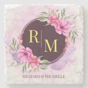 Dessous-de-verre En Pierre Lettre initiale florale de couronne Monogramme Nom