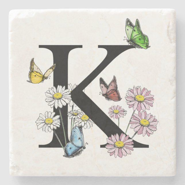 Dessous-de-verre En Pierre Lettre K Floral Aquarelle Papillon Monogramme (Devant)