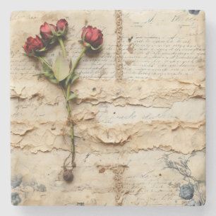 Dessous-de-verre En Pierre Lettre vintage d'amour parchemin avec fleurs (2)