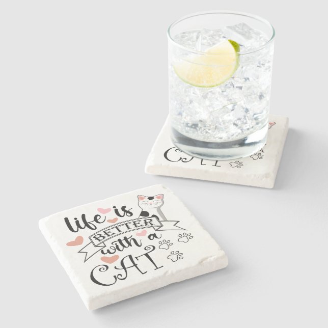 Dessous-de-verre En Pierre Life is Better With a Cat quote slogan (Côté)