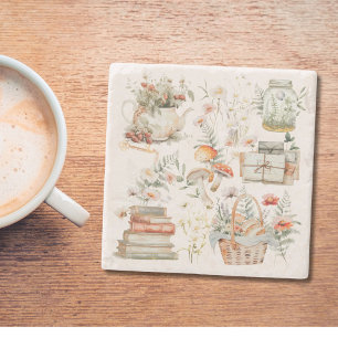 Dessous-de-verre En Pierre Livres Champignons Floral Whimsical Cottagecore Ar