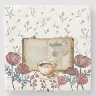 Dessous-de-verre En Pierre livres vintages, café, fleurs, art classique rose.