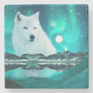 Dessous-de-verre En Pierre Loup arctique et nuit magique avec aurores boréale