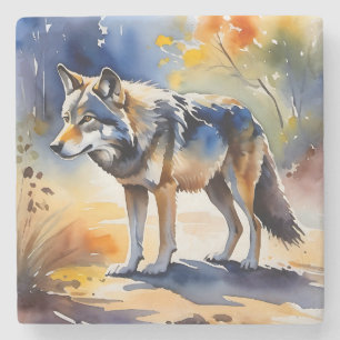 Dessous-de-verre En Pierre Loup dans une aquarelle de forêt