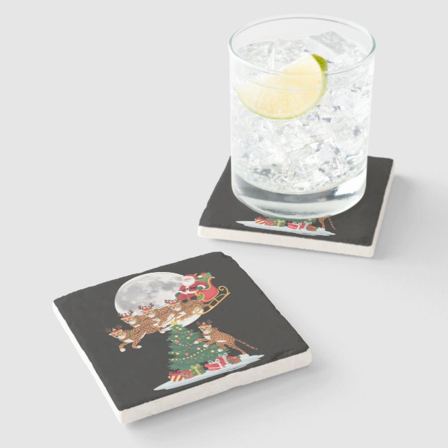 Dessous-de-verre En Pierre Lumières de sapin de Noël Funny Santa chevauchant  (Côté)