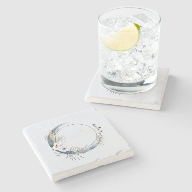 Dessous-de-verre En Pierre Lune de croissant bleu avec fleurs blanches (Côté)