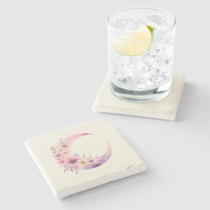 Dessous-de-verre En Pierre Lune rose Croissant avec de jolies fleurs