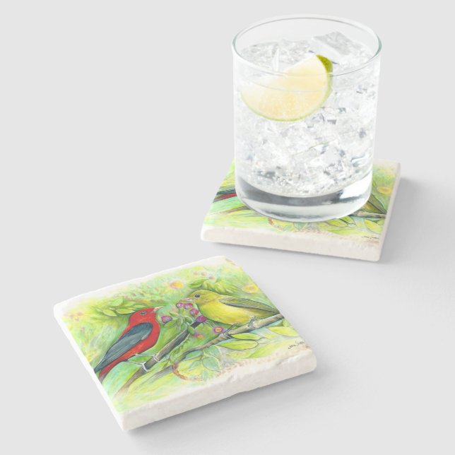 Dessous-de-verre En Pierre Magnifique Scarlet Tanager Couple Art (Côté)