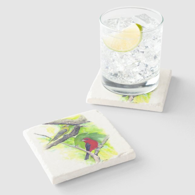 Dessous-de-verre En Pierre Magnifique Scarlet Tanagers Oiseaux Peinture (Côté)