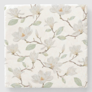 Dessous-de-verre En Pierre Magnolia blanche peinte à la main sur blanc