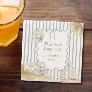 Dessous-de-verre En Pierre Maison de plage bleu chic côtier rayures bleues
