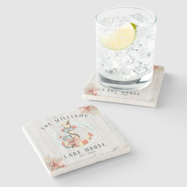 Dessous-de-verre En Pierre Maison de plage côtière nautique | Ancre rustique (Côté)