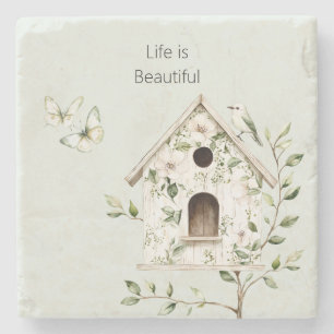 Dessous-de-verre En Pierre Maison d'oiseau verte blanche Feuilles Fleurs Papi