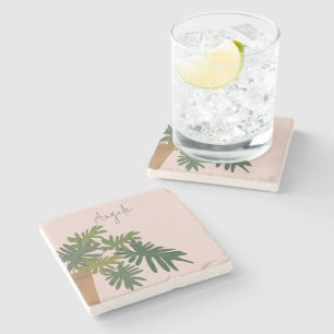 Dessous-de-verre En Pierre Maison Moderne Verte Plante Tropicale avec Arrière