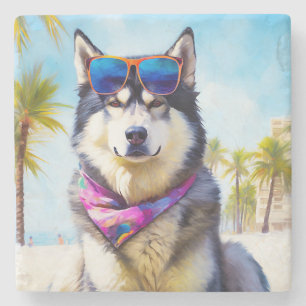 Dessous-de-verre En Pierre Malamute d'Alaska sur la plage, cadeau d'été