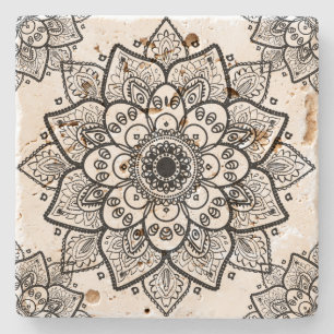 Dessous-de-verre En Pierre Mandala floral noir sur fond blanc