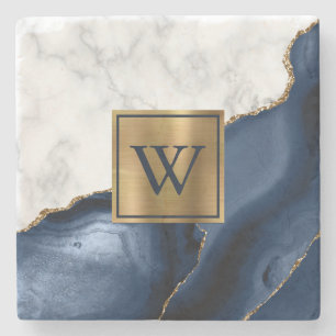 Dessous-de-verre En Pierre Marbre blanc Giled Marine Blue Agate Monogramme