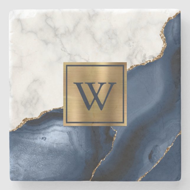 Dessous-de-verre En Pierre Marbre blanc Giled Marine Blue Agate Monogramme (Devant)