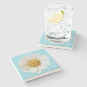 Dessous-de-verre En Pierre Marguerite blanche sur fond floral bleu clair