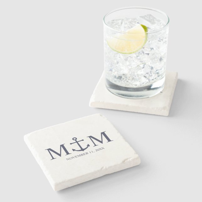 Dessous-de-verre En Pierre Mariage Ancre bleu marine (Côté)