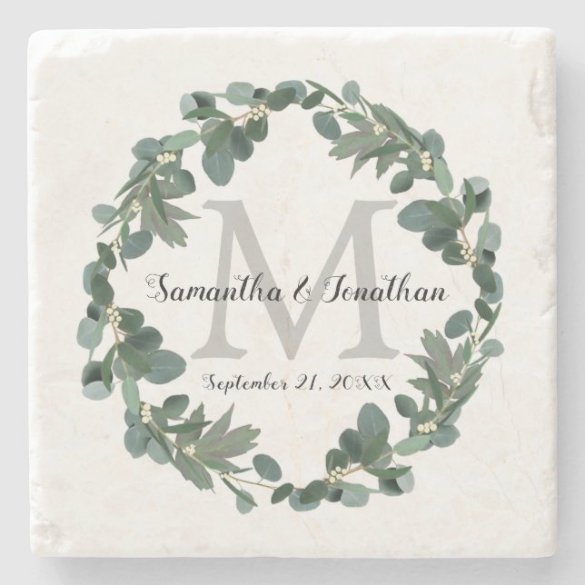 Dessous-de-verre En Pierre Mariage Eucalyptus Wreath Monogram (Devant)