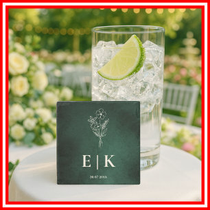 Dessous-de-verre En Pierre Mariage Fleur Sauvage Monogramme Vert Émeraude