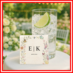 Dessous-de-verre En Pierre Mariage Floral Boho Fleur de Champ Papillon Monogr
