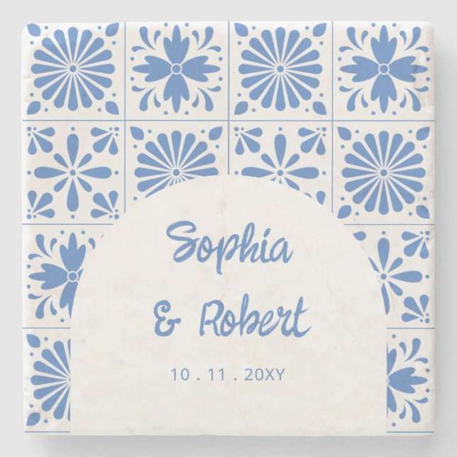 Dessous-de-verre En Pierre Mariage mexicain en carreaux de Talavera bleu (Devant)