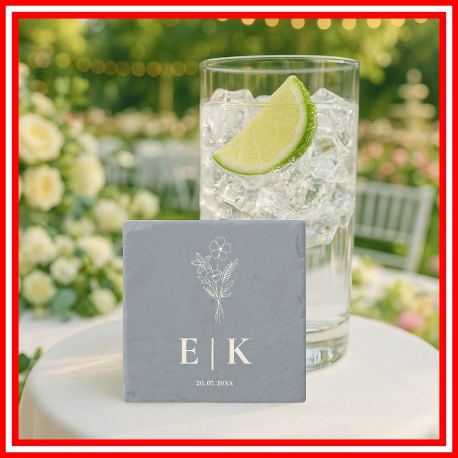 Dessous-de-verre En Pierre Mariage Monogramme Fleur Sauvage Bleu Poussiéreux (Créateur téléchargé)