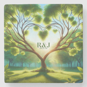 Dessous-de-verre En Pierre Mariage vert Romantique arbre couple Monogramme