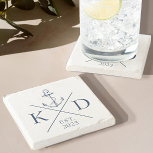 Dessous-de-verre En Pierre Marine Ancre Monogramme nautique