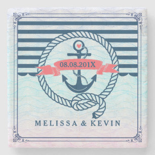 Dessous-de-verre En Pierre Marine Bleu Ancre de bateau nautique avec noeud