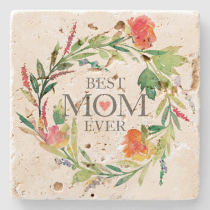 Dessous-de-verre En Pierre Meilleure maman Ever Aquarelle Fleurs Wreath