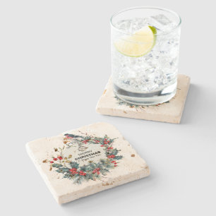 Dessous-de-verre En Pierre Merry Christmas-Red Berries & Bullfinch