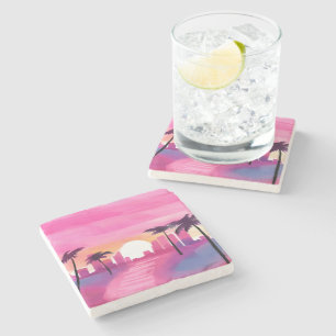 Dessous-de-verre En Pierre Miami en Rose   Peinture Aquarelle Brillante