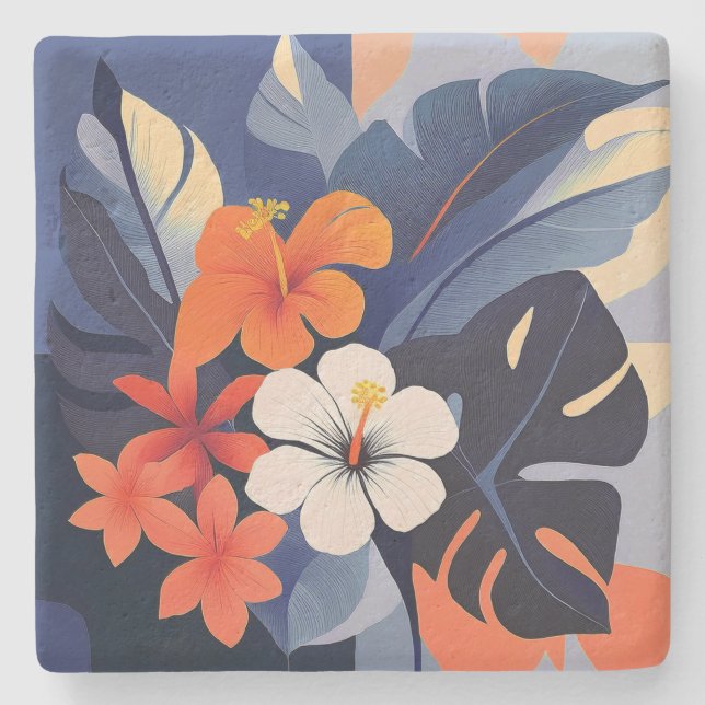 Dessous-de-verre En Pierre Mid-Century Modern Hawaiian Hibiscus and Plumeria (Devant)