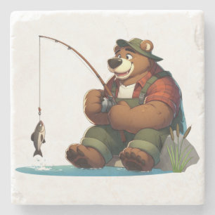 Dessous-de-verre En Pierre Mignon ours d’extérieur pêchant