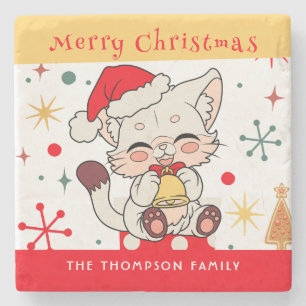 Dessous-de-verre En Pierre Mignonne Rouge Vert Monogramme Noël Père Noël Chat