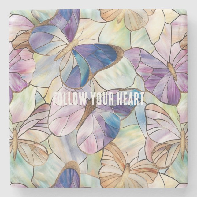 Dessous-de-verre En Pierre Mint Aqua Bleu Papillons pourpres (Devant)