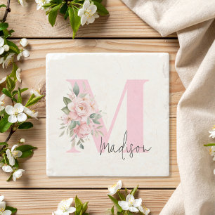 Dessous-de-verre En Pierre Moderne Élégant rose Floral Nom initial Monogramme