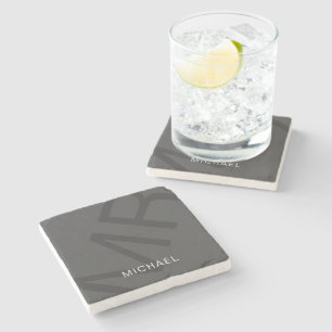 Dessous-de-verre En Pierre Moderne Monogramme Personnalisé Gris