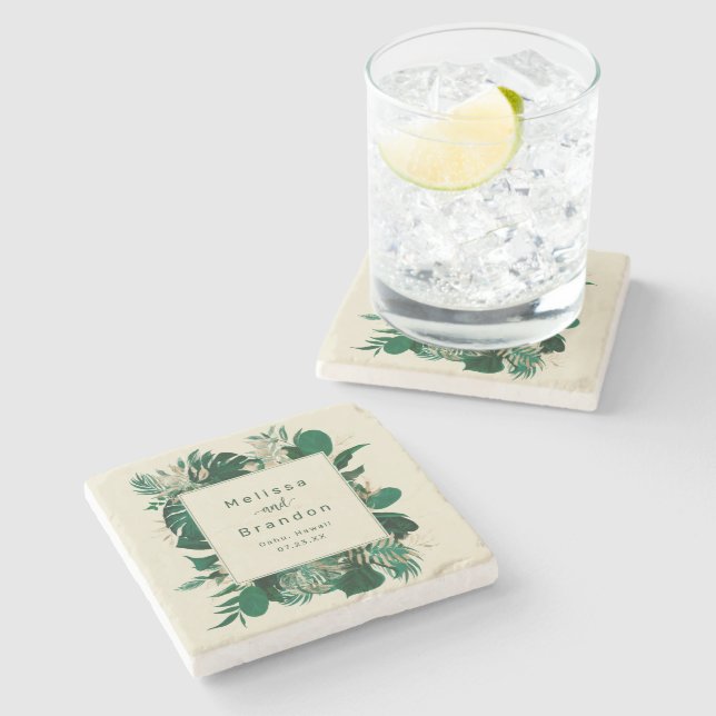 Dessous-de-verre En Pierre Moderne Tropical Greenery Mariage encadré de feuil (Côté)