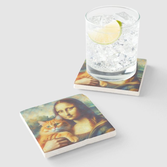 Dessous-de-verre En Pierre Mona Lisa peinture La Gioconda avec Chat (Côté)