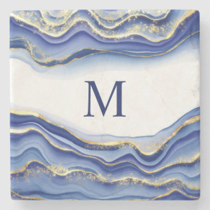 Dessous-de-verre En Pierre Monogram Blue Gold White Parties scintillant Agate