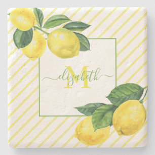 Dessous-de-verre En Pierre Monogram citrons aquarelle rayures pays rustique