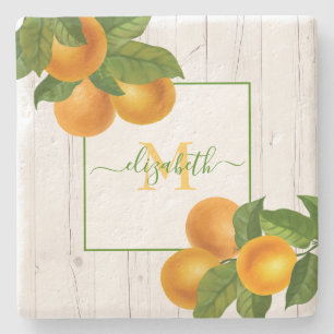 Dessous-de-verre En Pierre Monogramme agrumes oranges aquarelle bois rustique