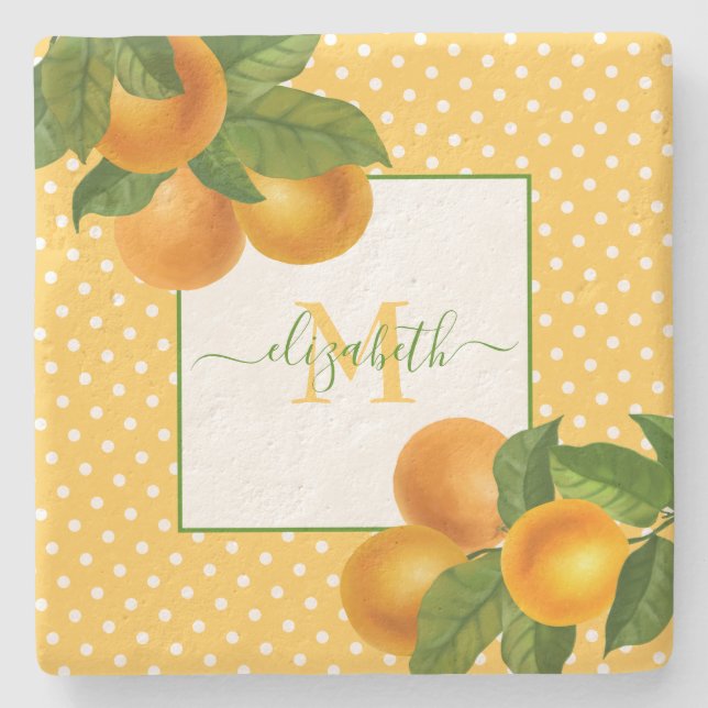 Dessous-de-verre En Pierre Monogramme agrumes oranges aquarelles points rusti (Devant)