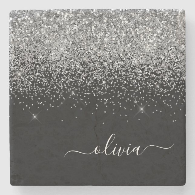 Dessous-de-verre En Pierre Monogramme Argent Parties scintillant noire Script (Devant)